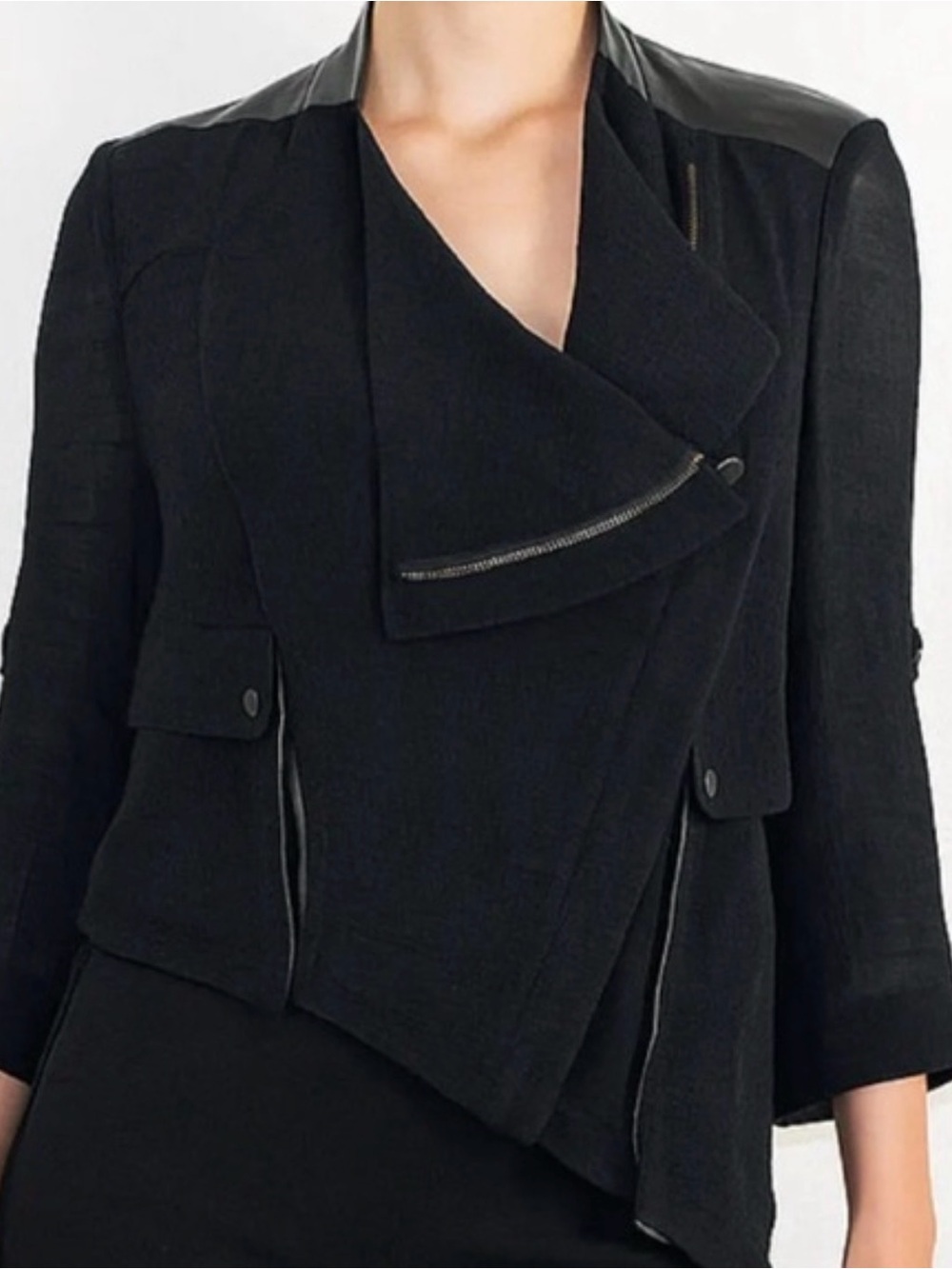 Helmut Lang Asymmetrical Black Women's Blazer with Faux-Leather Shoulder Detail